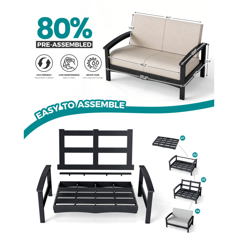 Modern 2-Seat HDPE Outdoor Patio Sofa with Cushions – All-Weather Loveseat Couch for Garden, Deck, Porch & Backyard Seating