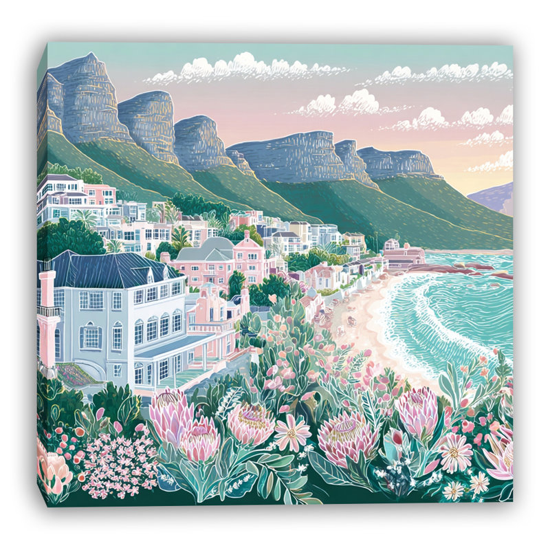 «Pastel Coastal Village and Mountain Shoreline», art mural sur toile tendue, 20"W x 20"H x 1.5"D