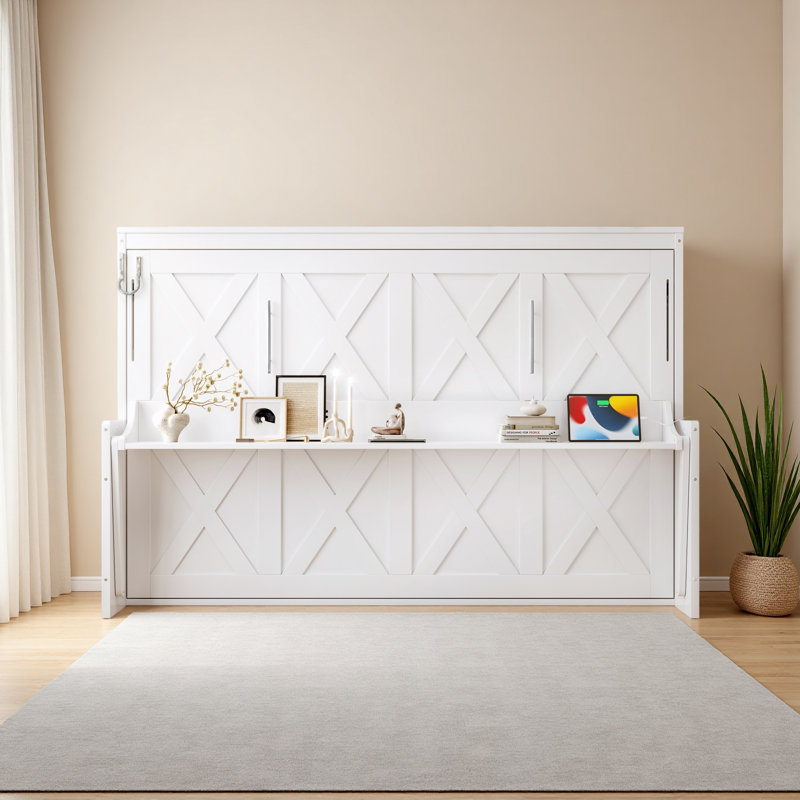 Lit escamotable avec bureau, station de charge USB, lumières DEL, Full , Blanc