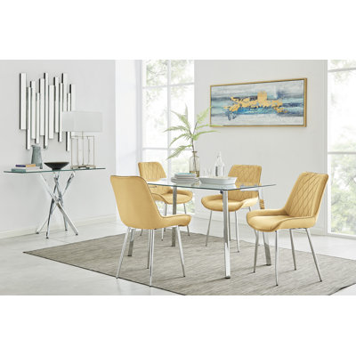 Modern Casino Glass and Metal Hairpin Leg Dining Table Set With 4 Luxury Velvet Dining Chairs
