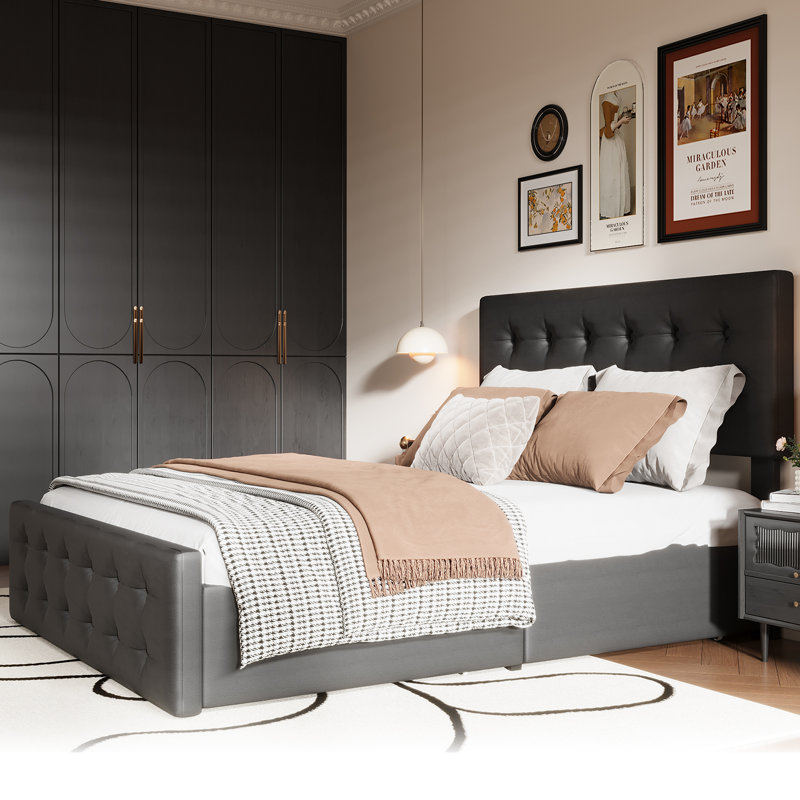 Queen Size Faux Leather Upholstered Platform Bed Frame with Button Tufted Headboard, 4 Rolling Storage Drawers, Wooden Slat Support, No Box Spring Needed,Dark Grey