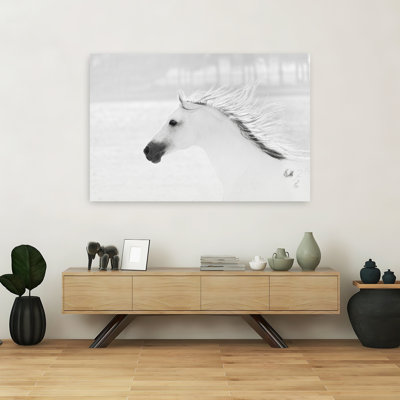 «Graceful White Horse In Motion Elegant Minimalist Peaceful Horse», art mural