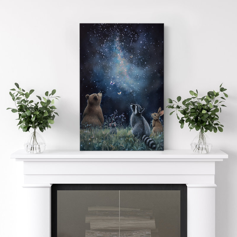 Whimsical Forest Animals Under Stars Canvas Print Wall Art - Enchanting Nursery or Kids Room Decor, 36" H x 24" W