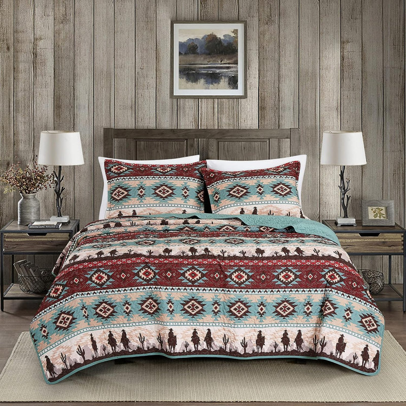 Dune Microfiber Coverlet Southwestern Cowboys Aztec Quilt Set, Full Coverlet + 2 Standard Shams