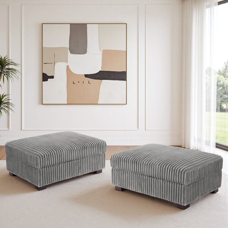 Upholstered Faux Rabbit Fur Flannel Rectangle Ottoman, Modular Part For Sectional Sofa, Light Grey