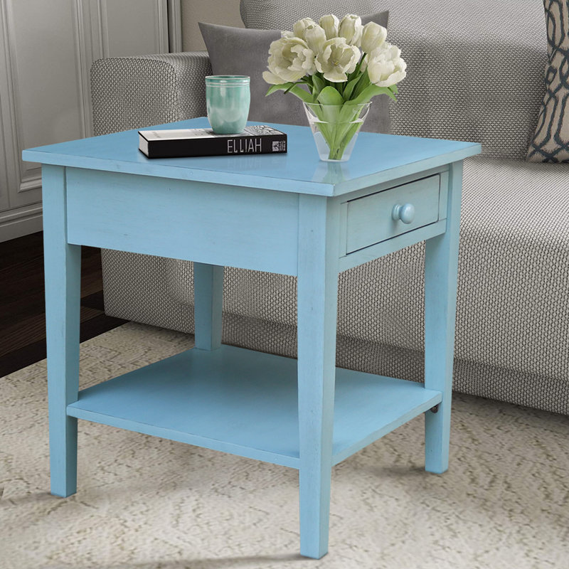 Tillar Solid Wood End Table with Storage, Antique Blue