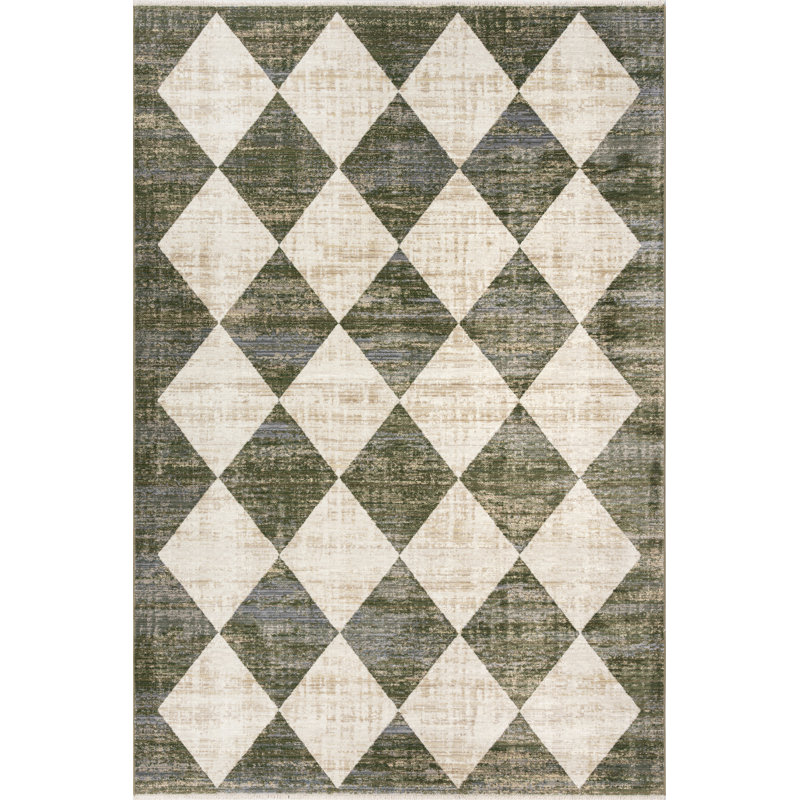  Meline Checkered Fringe Area Rug, Rectangle 8' x 10'2", Green/Cream