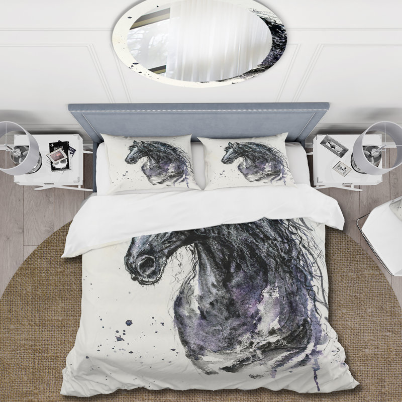 Portrait de cheval frison avec de longues crinière - ensemble de housse de couette de ferme - polyester en microfibre