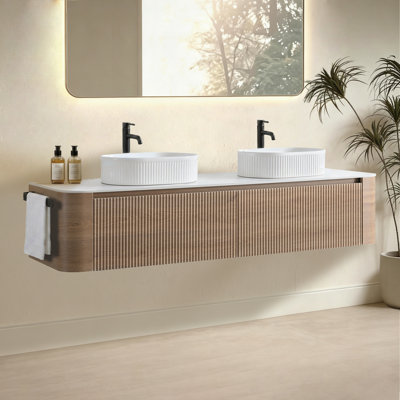 Meuble-lavabo de 72 po avec lavabo, armoire murale en chêne miel avec porte-serviettes gratuit, deux lavabos en céramique à rayures ovales blanches