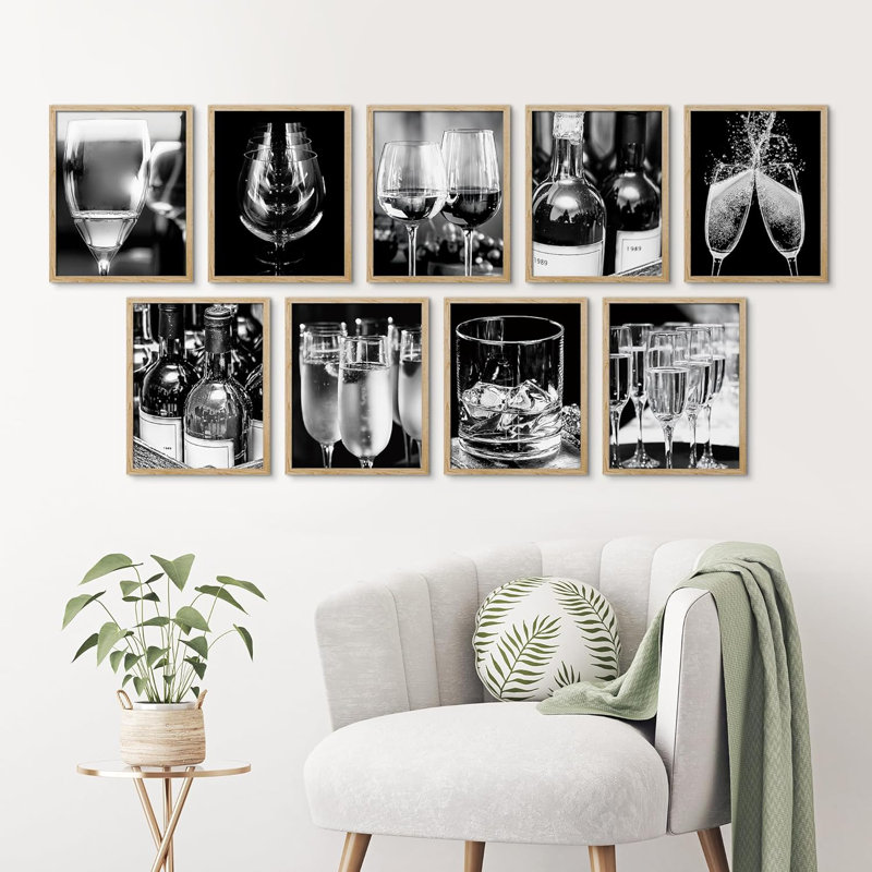 «Black White Wine Champagne Glass Food Drinks Minimal Culinaire Celebrations», impression sur papier, Naturel