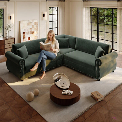 88.2"L-Shaped Sofa Couch with Pull-Out Bed, Oversize Convertible Sleeper Sofa with Nailhead Trim & Rolled Arm, Chenille Upholstered Sectional Couches
