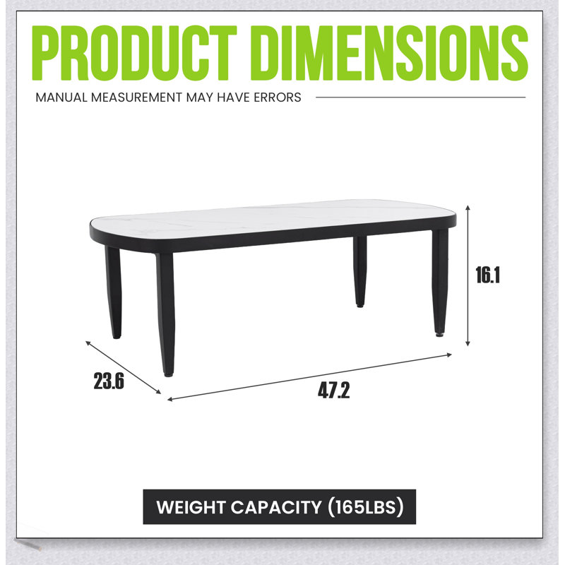 Modern Outdoor Elegance Arc 47.2''X23.6'' Coffee Table With Greek White Marble-Inspired Sintered Stone Top, Aluminum Frame, And Weatherproof Design