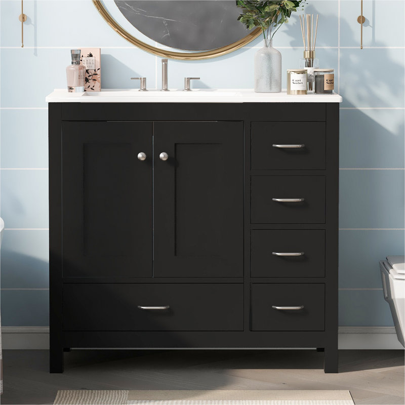 36" Bathroom Vanity With Ceramic Sink Combo, Abundant Storage Cabinet -2 Soft Close Doors And 5 Drawers, Black