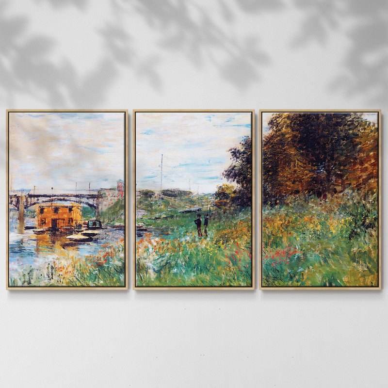 Les berges de la seine au pont d'Argenteuil, 1874 3 pièces, H 40 po x l 78 po x P 2 po, Naturel
