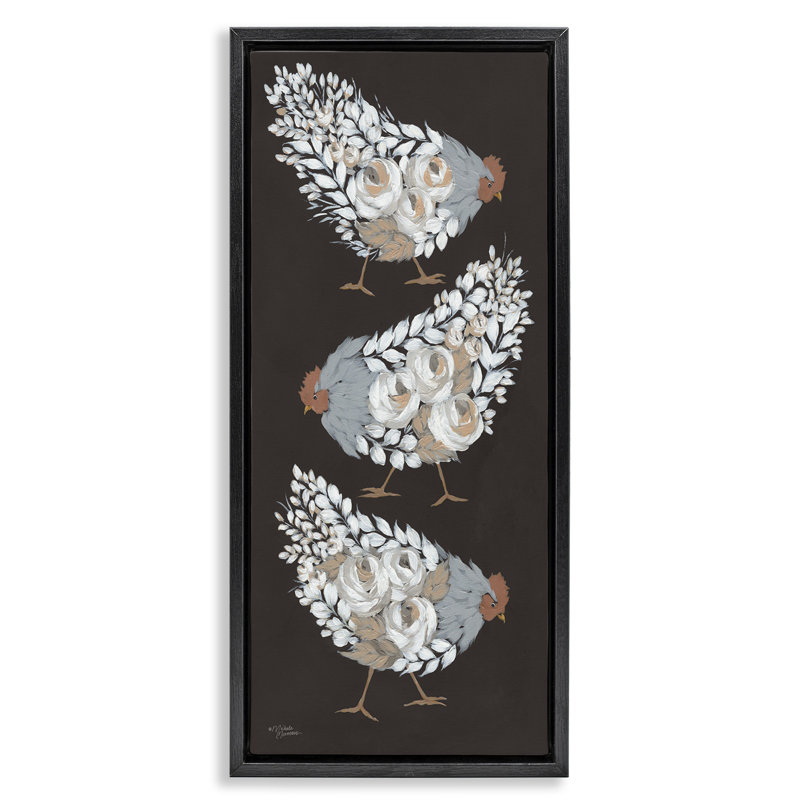 Poules abstraites à motif floral, Cadre flottant noir de jais, H 31 po x l 15 po