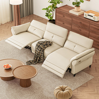 107'' Large Leather Electric Recliner Sectional Sofa, Dual Motor with Independent Control Button, Modern White 3 Seat Power Reclining Couch with USB Charging