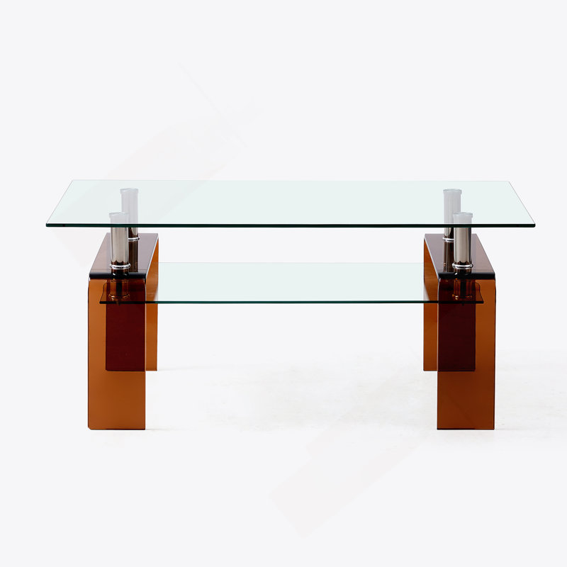 Table basse en verre trempé, table basse moderne en verre pour le salon, table basse à 2 niveaux avec pieds bruns