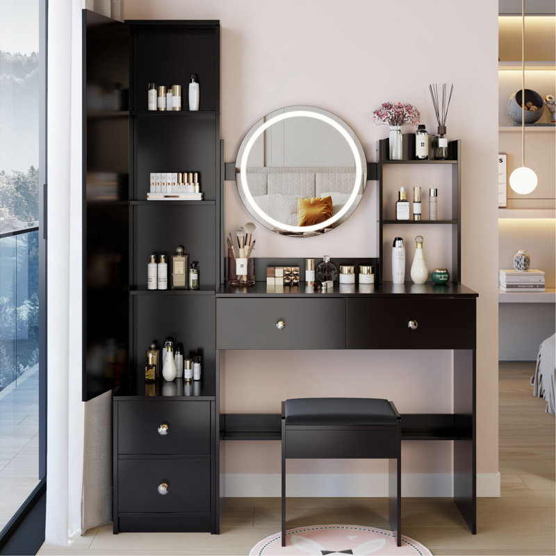 Full Body Mirror Cabinet + Round Mirror LED Vanity Table + Cushioned Stool, 17" Diameter LED Mirror, Touch Control, 3-Color, Brightness Adjustable, Large Desktop, Multi-Layer High Capacity Storage