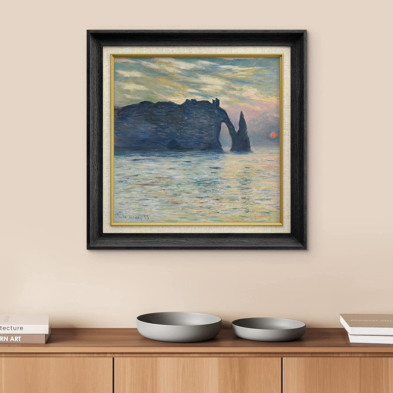 «The Cliff, Etretat, Sunset» par Claude Monet - peinture sur toile encadrée, Noir