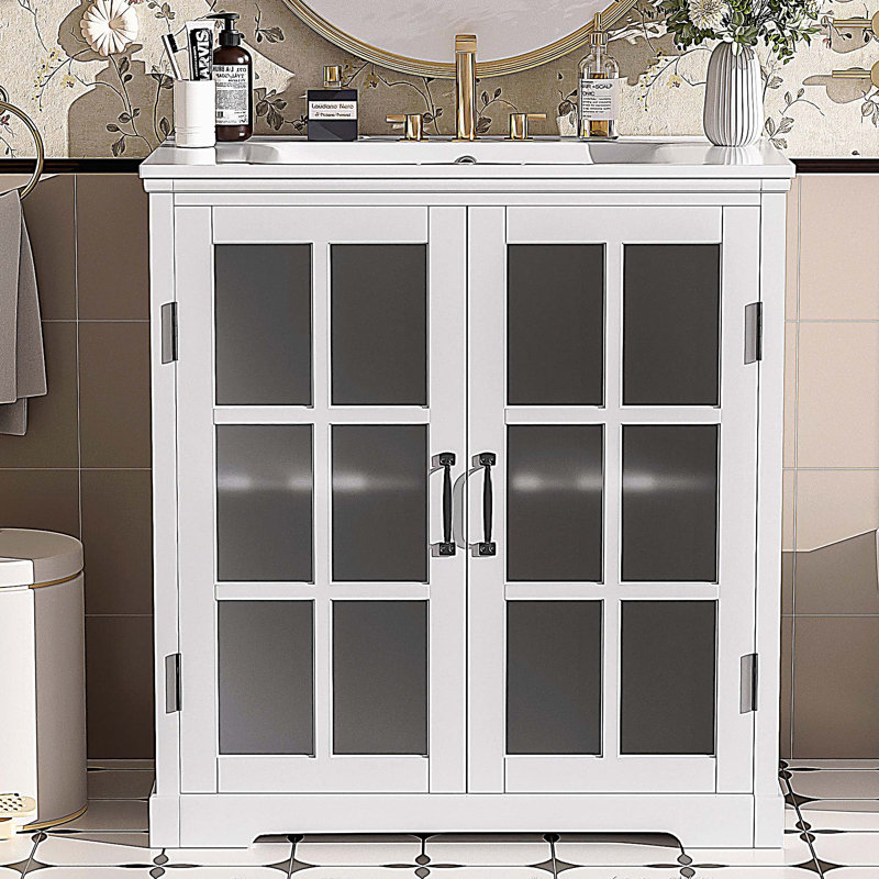Meuble-lavabo pour salle de bain avec lavabo en céramique, meuble-lavabo avec verre trempé flou, grand espace de rangement et structure en bois d'hévéa