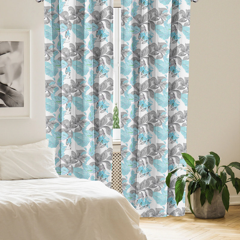 Gray and Blue Floral Polyester Rod Pocket Curtain Panels, 84-inch Pair