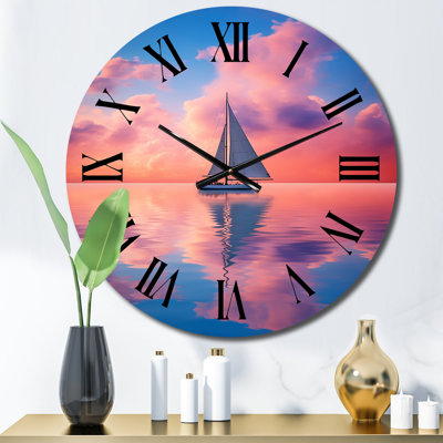 Horloge murale voilier rose et coucher de soleil