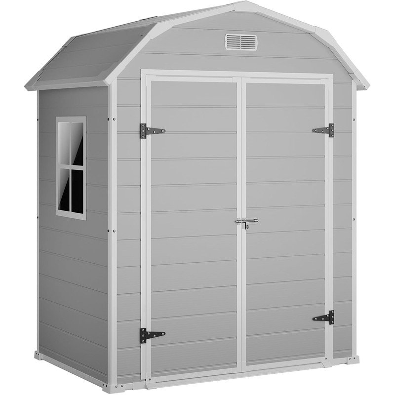 6 x 4 FT Resin Tool Shed with Lockable Door & Ramp, Waterproof Outdoor Storage Shed with Floor, Window & Vents for Patio, Garden, Backyard