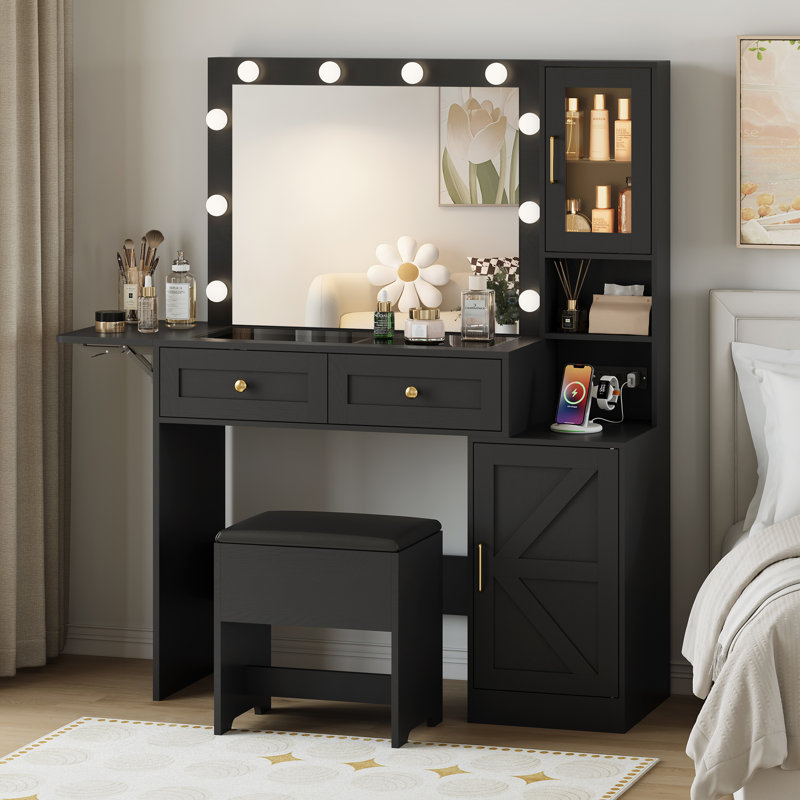 Vanity Desk with 3 Lighting Modes, RGB Ambient Light & Power Outlets, Small White Makeup Table Set with Storage Drawers, Chair and Mirror