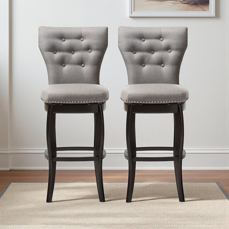 Swivel counter stool upholstered in grey polyester fabric, 45.24'' H X 19.5'' W X 23.79'' D