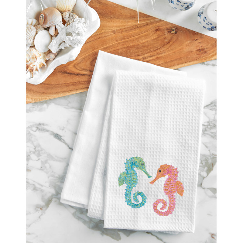 Seahorse Duo Embroidered Cotton Waffle Weave Kitchen Towel