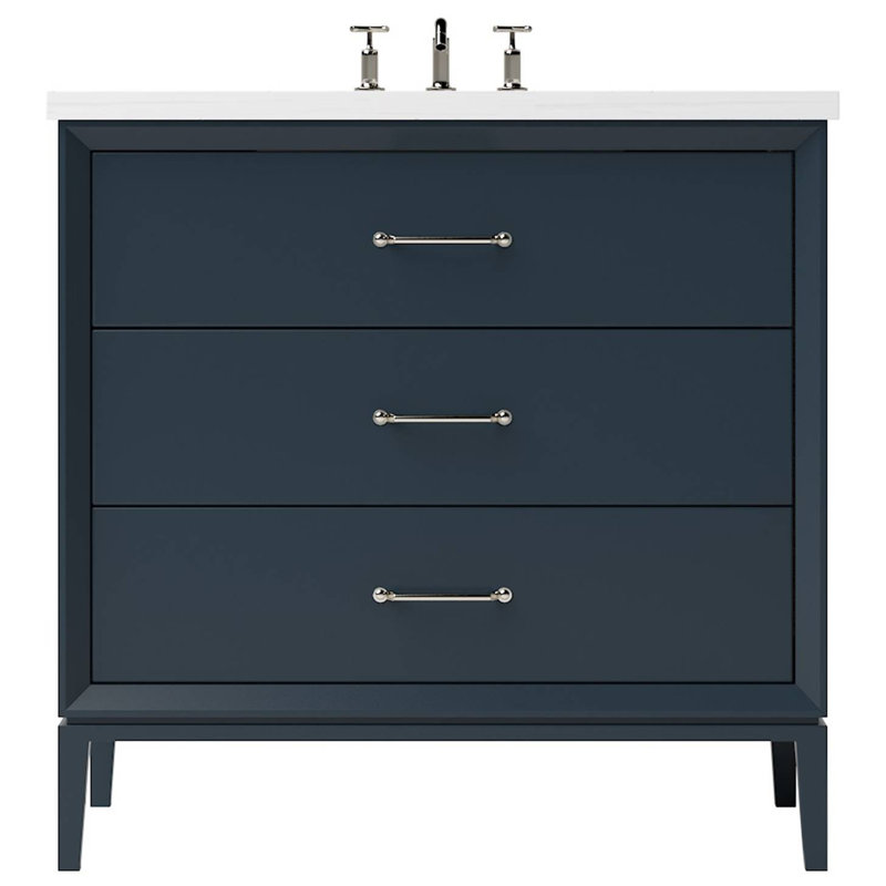 Meuble-lavabo simple à trois tiroirs Alexandra, Bleu La Haye, 30", Nickel satiné