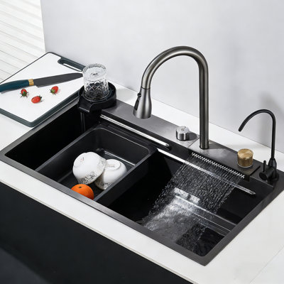 Évier de cuisine avec bec cascade, comprenant un robinet trois-en-un, un purificateur d'eau et un nettoyant pour le verre. (31,50 po x 17,72 po)
