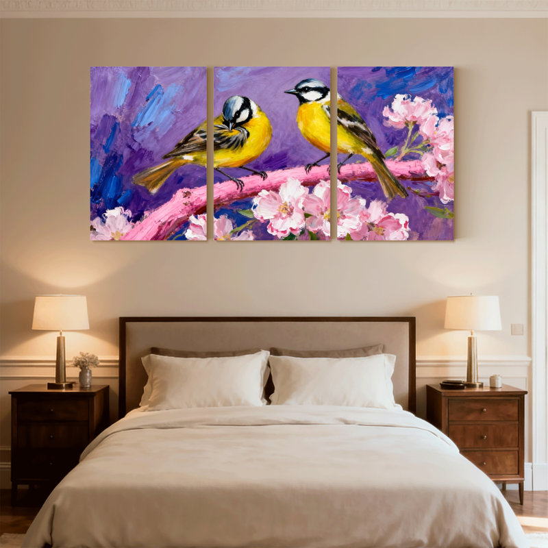 Oiseaux oiseaux perchés sur une branche d'art, ensemble de 3 impressions sur toile, H 30 po x l 60 po