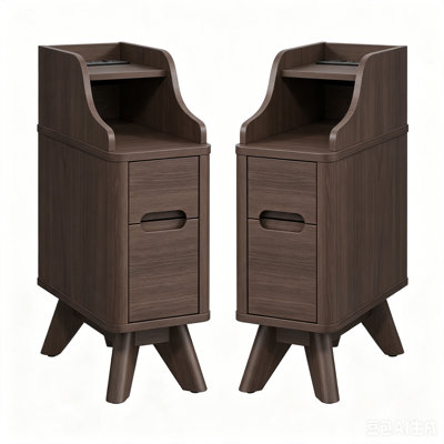 Set of 2 Wooden Small 2 Drawer Nightstand, Side Table With Charger Station For Bedroom Living Room, Brown