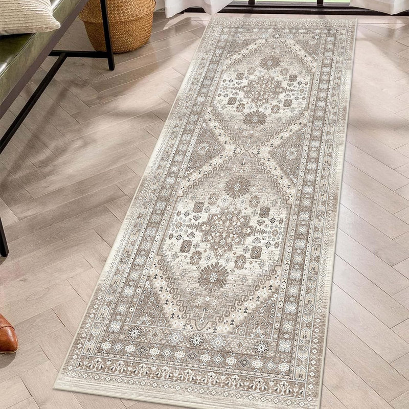 Medallion Non Slip Washable Rug(Brown), Runner 2' x 6'