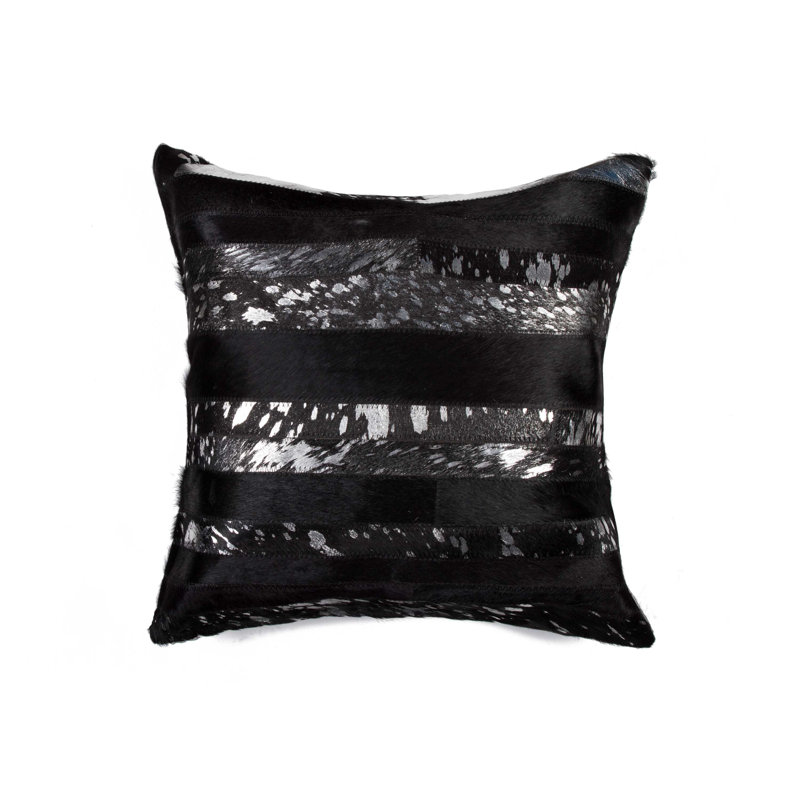 18" Abstract Cowhide Throw Pillow, Black Silver