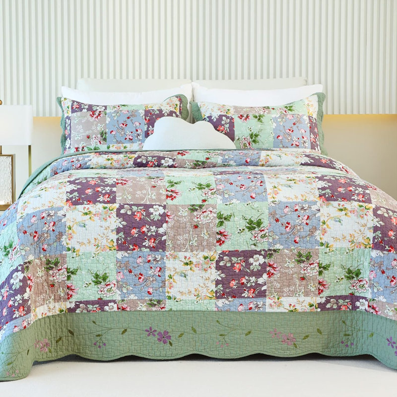  Ensemble de courtepointe légère brodée en coton sauge / mauve standard, Courtepointe pour lit simple + 1 taie décorative