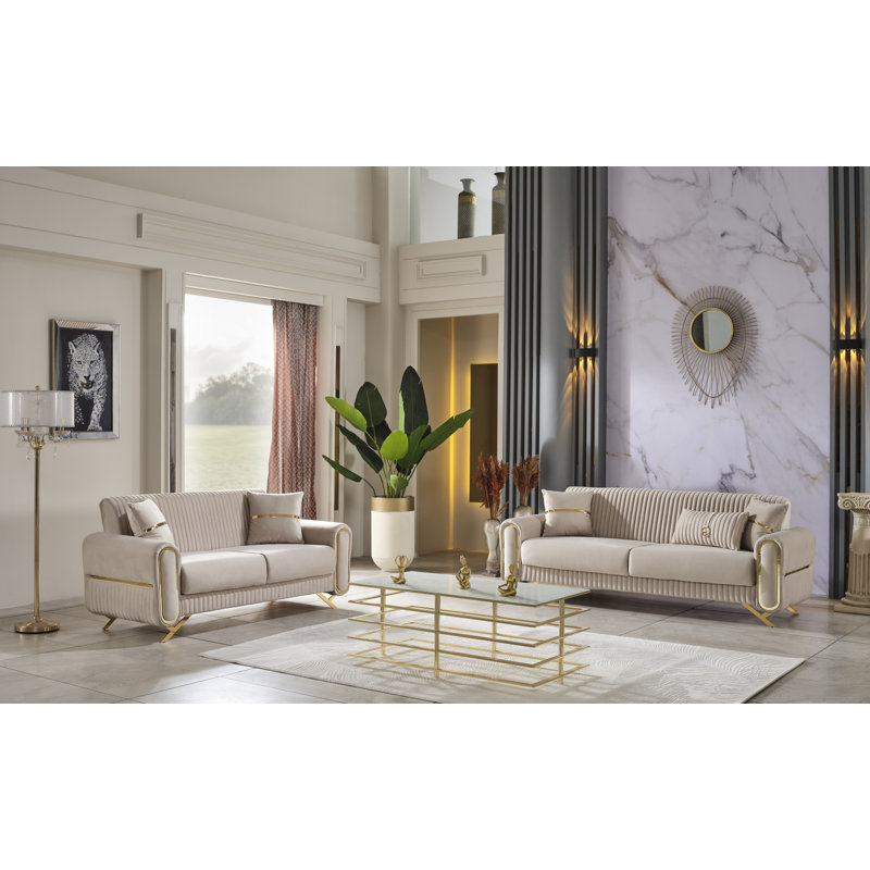 Ensemble de salon en velours 2 pièces Martella, Beige, Or