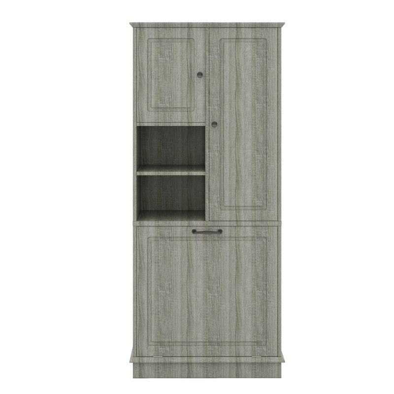 Grande armoire de rangement avec panier rabattable, tablettes réglables et 2 portes, Chêne