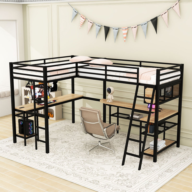 Lit mezzanine avec DEL, tablettes, stations de charge et bureaux