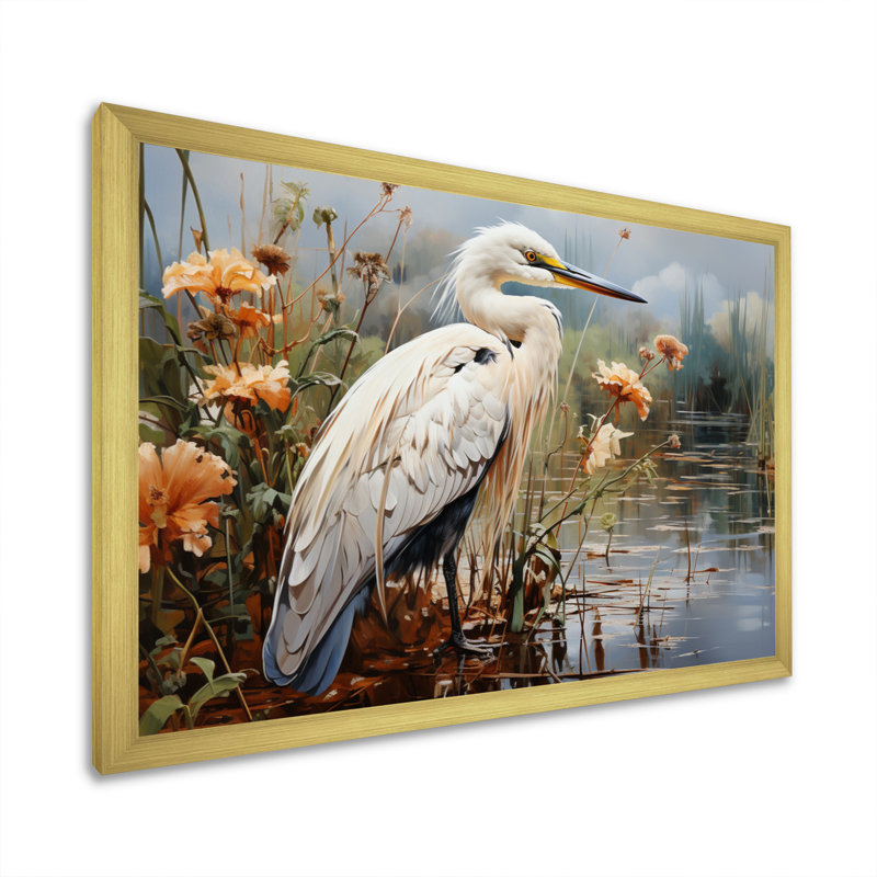 Héron pêche blanc, héron, art mural, H 30 po x l 40 po x P 1,5 po, Cadre doré simple
