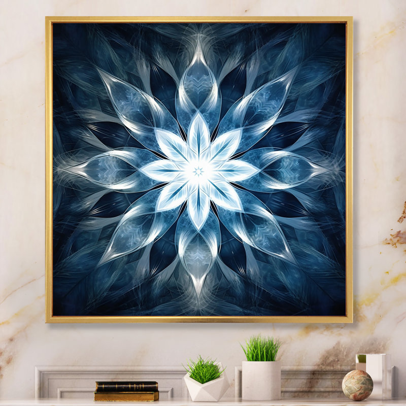 Turquoise et fleurs blanches fractales VI, H 30 po x l 30 po x P 1 po, Cadre flottant doré