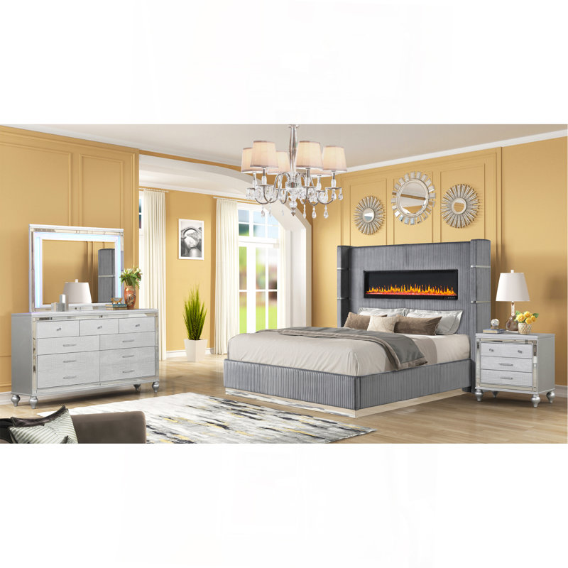 Ensemble de chambre avec grand lit 4 pièces et éclairage ambiant en velours gris Upholstery