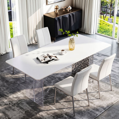 71" Modern Sintered Stone Dining Table Rectangular White Dining Table with Clear Acrylic Leg & Hammered Water Ripple Stainless Steel Base, Seats up to 8 Floating Design Dining Table for Dining Room