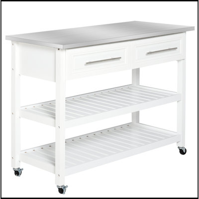 Îlot de cuisine avec plateau en acier inoxydable, tablettes ouvertes, tiroirs