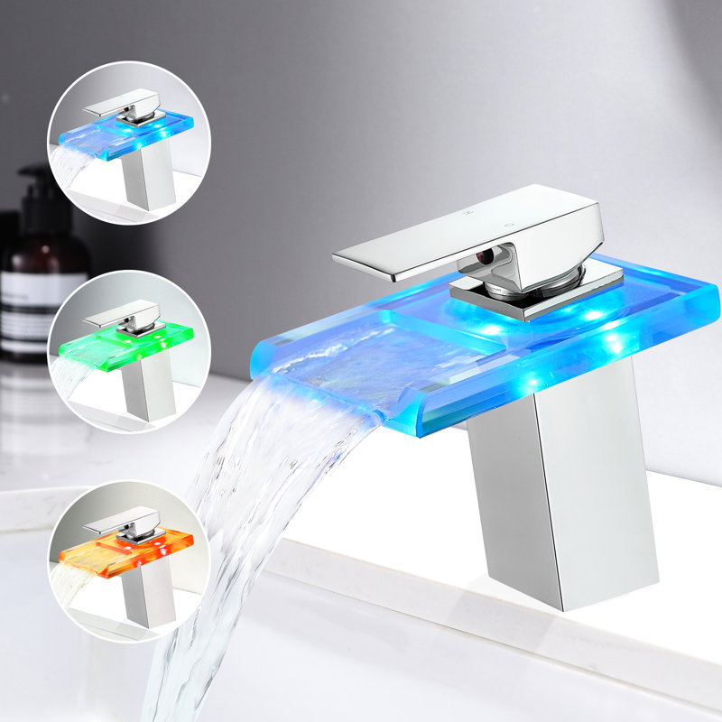 Robinet pour salle de bain à DEL: bec cascade 3 couleurs, fixation sur le comptoir, poignée simple, mélangeur d'eau chaude et froide, robinet intérieur contemporain en laiton avec: trou et mélangeur