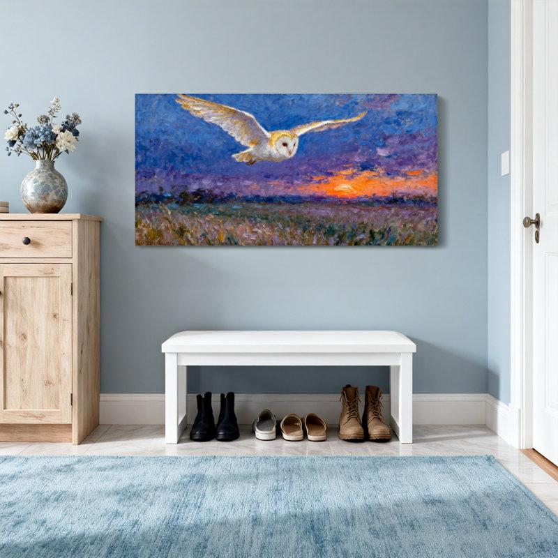 Animals Owl Soaring Over Field At Sunset, 20" H x 40" W