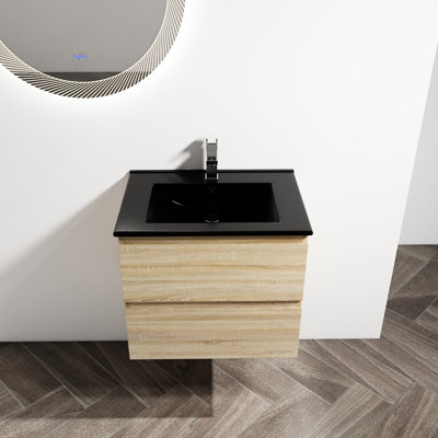 Armoire de salle de bain 24 po, vasque en céramique noire, 2 tiroirs à fermeture en douceur, chêne, meuble-lavabo moderne en contreplaqué, lavabo, pliante