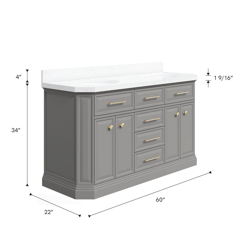 Palace 60'' W Double Vanity, Satin Brass, Cashmere Gray