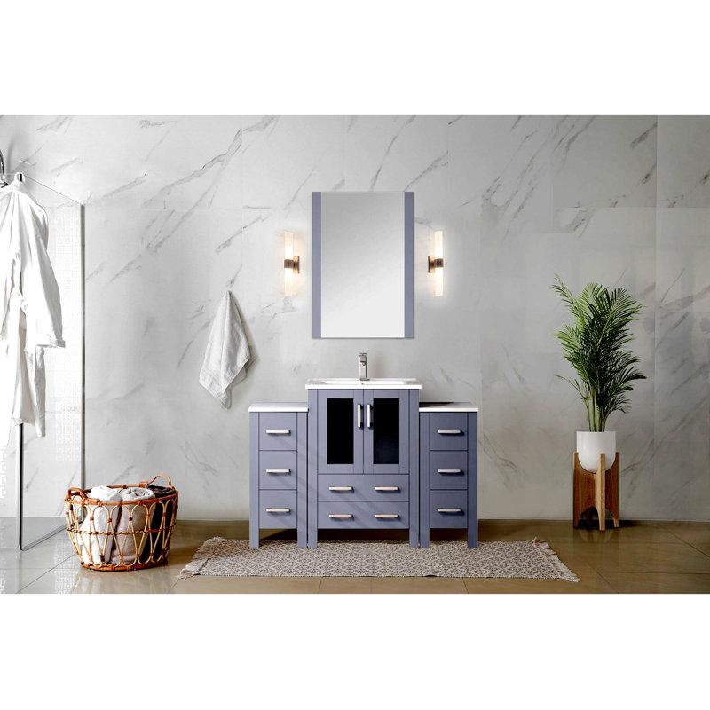 Meuble-lavabo simple 48 po X P 18,25 po , Avec armoire latérale, plateau en céramique et Miroir, Gris foncé